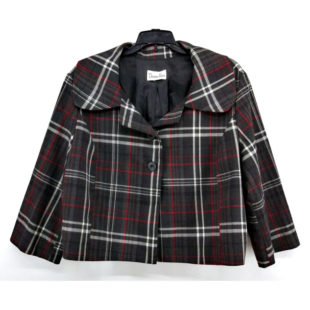 Donna Rae Jacket Womens Size M-L Plaid Cropped Above Hip Wide Collar